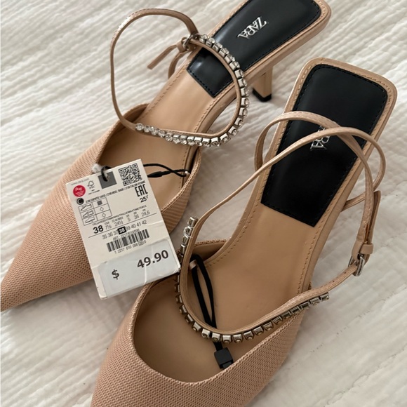 Zara Women's Tan Heels with Rhinestone Straps - Picture 3 of 6